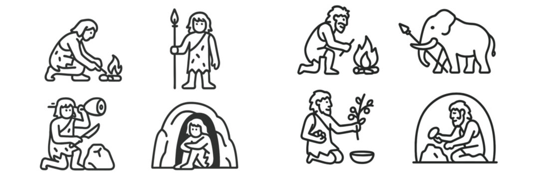 Humans engaging in various prehistoric activities such as hunting, gathering, and building shelters in a natural setting