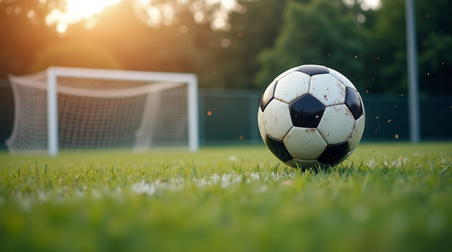 Ball is soaring into goal net as players engage in intense soccer match at vibrant field. Warm sunset adds a dynamic atmosphere. Concept of sports, athletics, competition