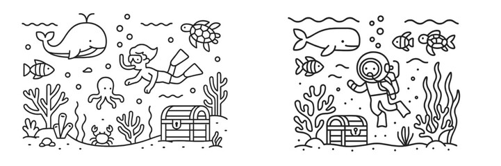 Underwater adventure with a child exploring sea life and treasure in a vibrant ocean environment