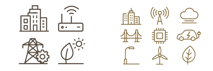Illustrations showcasing modern technologies for sustainable energy and urban infrastructure development in a digital style