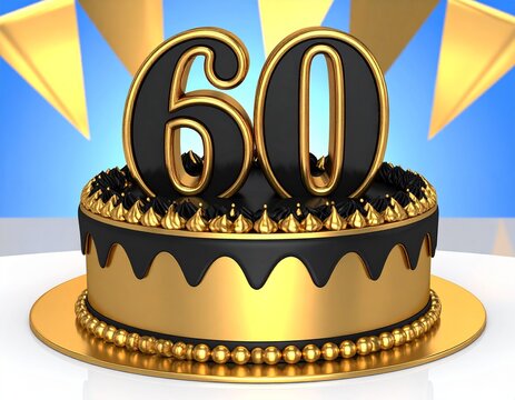 A beautifully crafted black and gold cake features a large 60 on top, surrounded by decorative accents. The celebration backdrop is bright and festive, perfect for a milestone birthday
