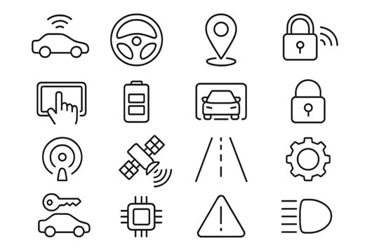 Exploring modern automotive technology through icons representing connectivity, navigation, and safety features for vehicles