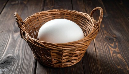 Ostrich Egg – English Description: "A massive ostrich egg with a smooth, slightly glossy shell in a pale ivory or creamy beige color. in a rustic wooden basket.