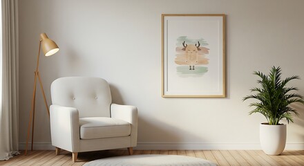 Cozy minimalist living room corner with plush armchair framed artwork and a potted plant bathed in soft natural light