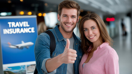 Smiling couple shows thumbs up at travel insurance sign