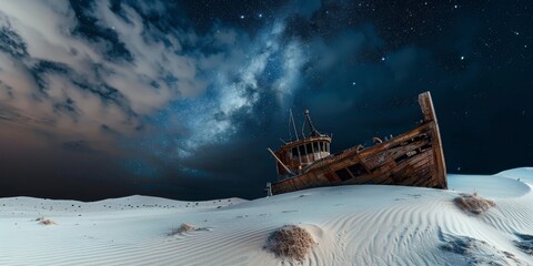 shipwreck of an old wooden ship in the dunes