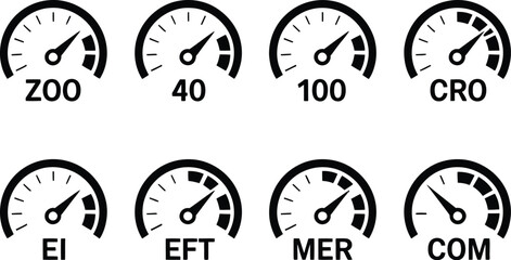 Speedometer Gauges Displaying Numerical Values: A striking collection of speedometer gauges, each meticulously crafted to display a unique combination of numeric values and alphabetic indicators.