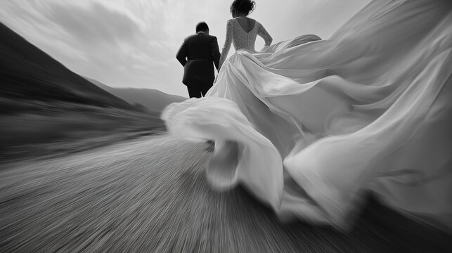 Couple running down a scenic road during their wedding ceremony in a mountainous area
