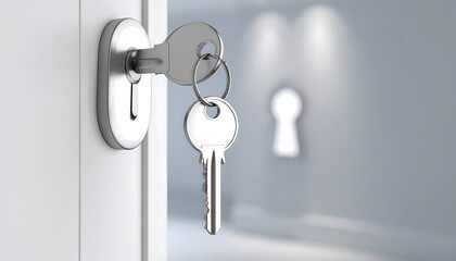 Key in a white door, opening to a bright interior