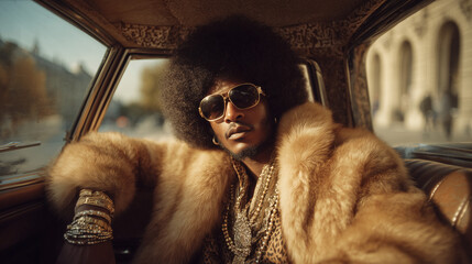 Stylish individual showcasing vintage fashion in luxury car during sunny day in urban setting