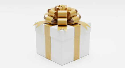 Golden ribbon white gift box isolated on white background