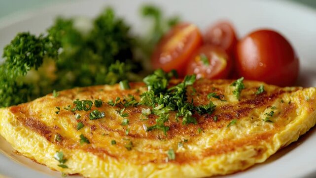 A simple breakfast dish, this image shows an omelet served with fresh broccoli and tomatoes