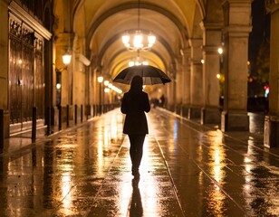 Woman walking in a rainy alley at night