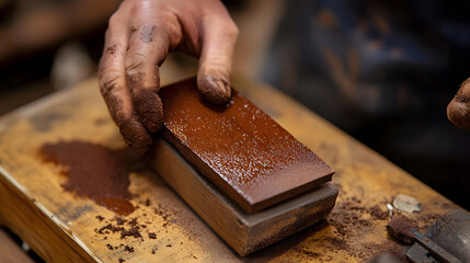 Sharpening stone hand wood table brown dust tool closeup texture workshop craftsman traditional method