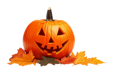 Smiling jack o lantern with autumn leaves isolated on a transparent background