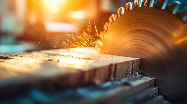 Circular saw blade cutting wood in workshop, motion blur and sparks, industrial, carpentry, warm sunlight, dynamic, closeup