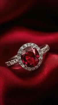 A red ruby ring with diamonds on a black background