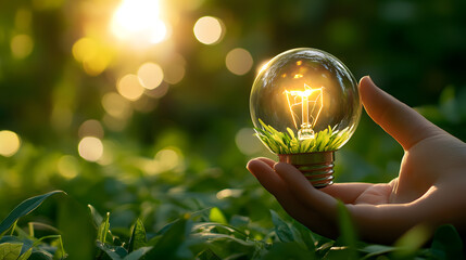 Light bulb hand green leaf nature sunlight eco friendly sustainability innovation idea growth inspiration