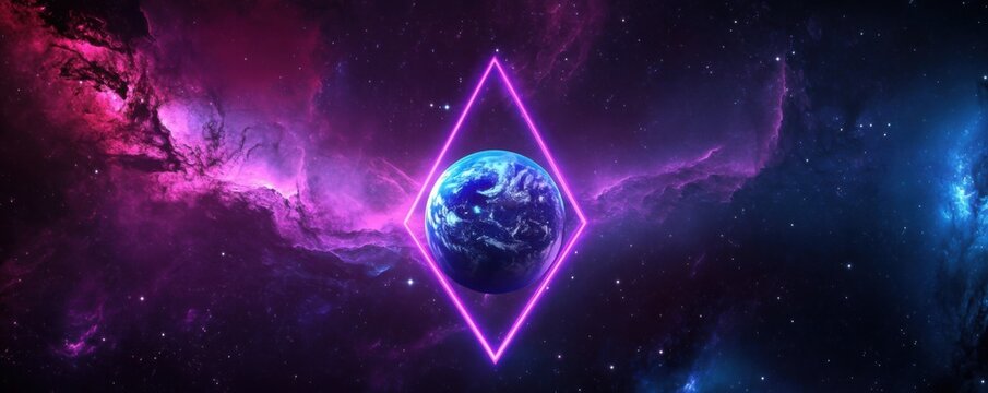 Surreal cosmic landscape with a glowing purple triangle encapsulating Earth in a vibrant galaxy filled with stars and nebulae