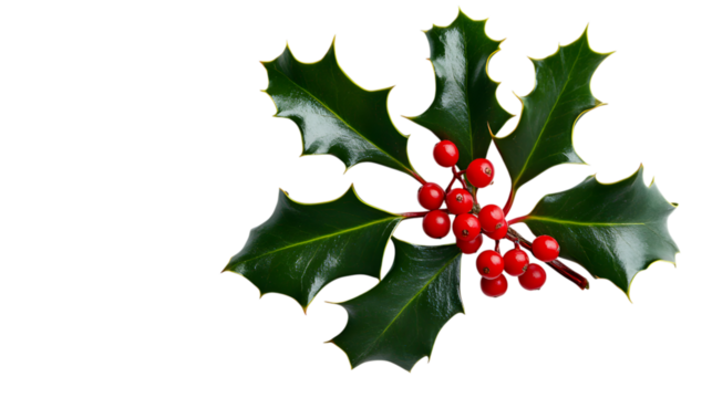 Sprig of holly with red berries isolated on a transparent background