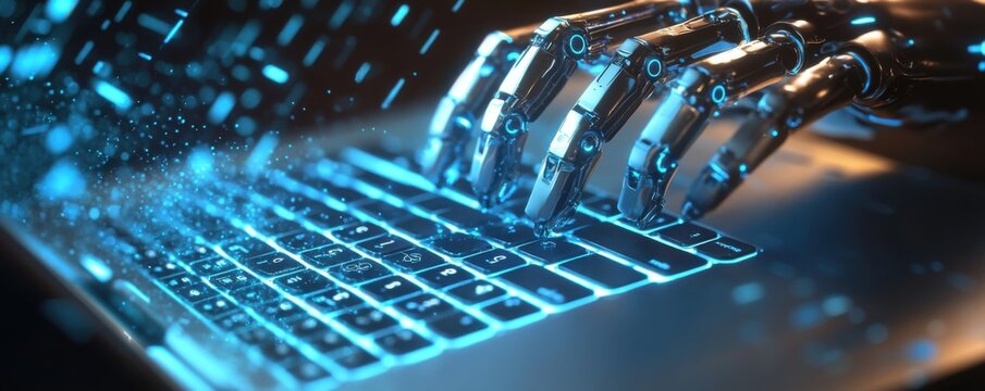 Futuristic robotic hand typing on laptop keyboard with glowing keys, symbolizing advanced technology and artificial intelligence in modern computing environments.