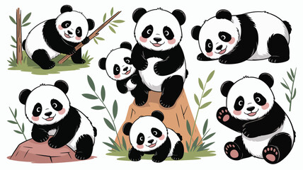 Collection of cute cartoon pandas in various playful poses and settings