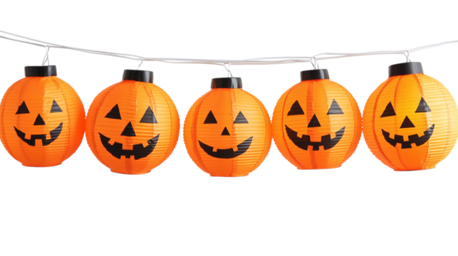 String of jack-o'-lantern pumpkin lanterns isolated on a transparent background