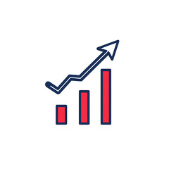 A graph showing an upward trend, represented by red bars increasing in height and a blue arrow indicating growth and positive progress on a white background.