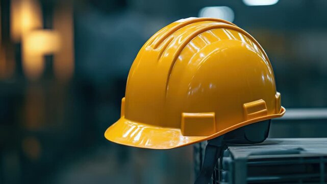 A bright yellow hard hat sits alone on a flat surface, ready for use