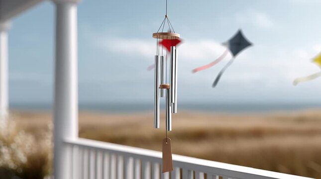 Wind chimes hanging on a porch, overlooking the ocean and grassy dunes
