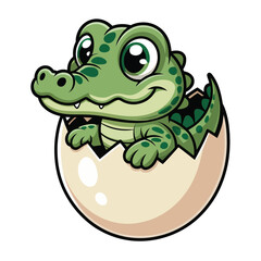 Fototapeta premium Cute baby alligator hatching from a white egg with a happy expression