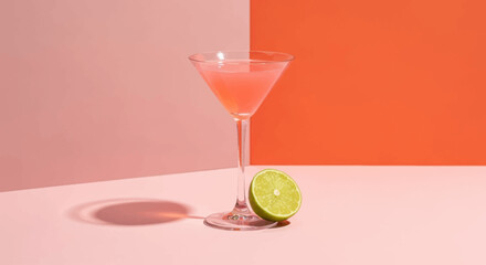 pinkish cold alcoholic drink with lime and lemon slices in a martini glass isolated 2 spit color