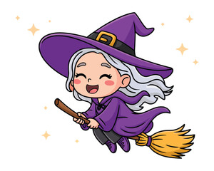 Cute Witch in Flight: A whimsical illustration of a cute witch soaring through the air on her broomstick, a perfect image for Halloween or magical themes.