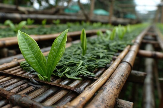Fresh Green Tea Leaves Resting on Wooden Slats in an Outdoor Cultivation Area
