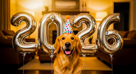 Happy golden retriever dog celebrates new year with balloons