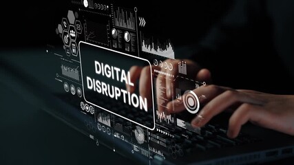 Hand typing on laptop with futuristic digital disruption interface displaying analytics and technology graphics. Asymptotic smart data analytic. - Powered by Adobe