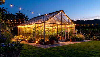 Greenhouse Glowing at Dusk with String Lights and Garden