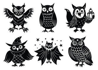 Scary Owl Perched on Tree Branch Silhouette Vector


