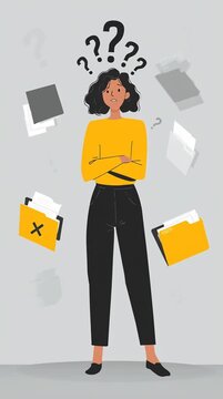 Confused woman standing amidst floating papers and folders, puzzled