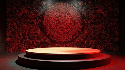 Red flamenco-inspired lace pattern backdrop with wooden stage in spotlight creating an elegant ambiance