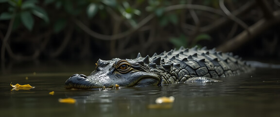 Fototapeta premium A large, dark gray, spotted crocodile is depicted in the foreground of a still, swampy body. The crocodile's head and upper body are visible, partially submerged in the water.