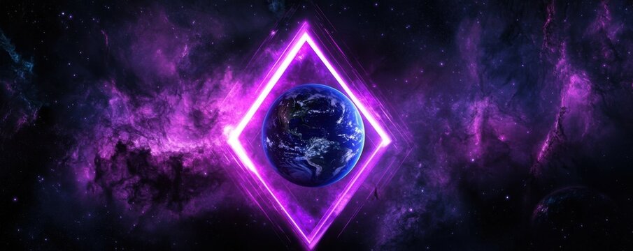 Surreal cosmic landscape with a glowing purple triangle encapsulating Earth in a vibrant galaxy filled with stars and nebulae