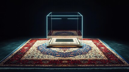 Luxurious Persian carpet with intricate red and blue patterns displayed in elegant gallery setting under spotlight