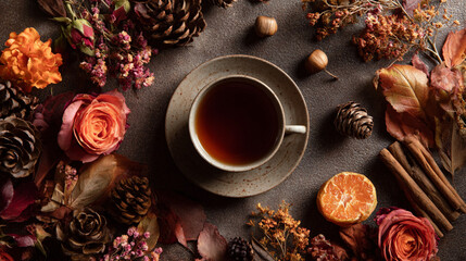 Autumn Flat lay composition. Cup of tea, autumn dry bright leaves, roses flowers, orange circle, cones, decorative pomegranate, cinnamon sticks on brown beige background top view. Autumn, fall