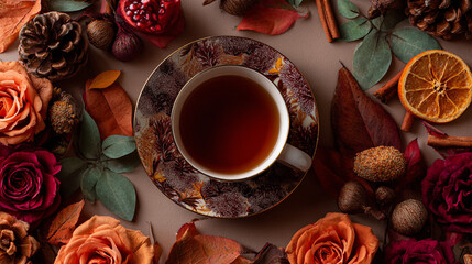 Autumn Flat lay composition. Cup of tea, autumn dry bright leaves, roses flowers, orange circle, cones, decorative pomegranate, cinnamon sticks on brown beige background top view. Autumn, fall