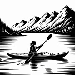 Kayaker on Serene Lake Surrounded by Mountains