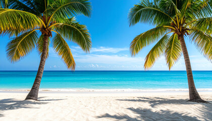 Tropical beach with two palm trees with blue ocean and sandy beach.