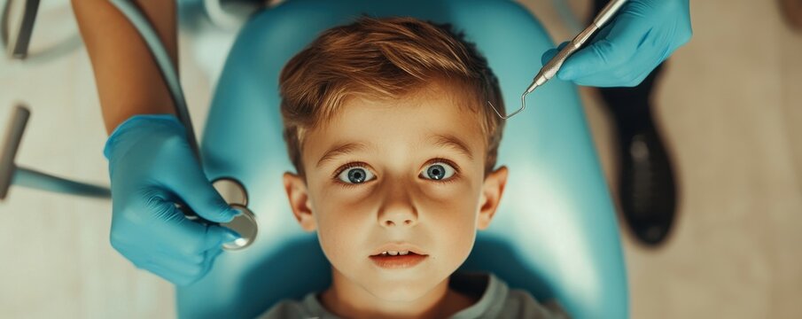 Top-down view of a young boy experiencing a dental checkup with expressions of surprise and curiosity in a brightly lit clinic
