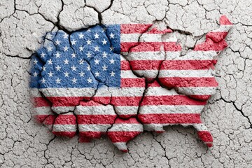 Cracked Ground with USA Flag in Map Shape