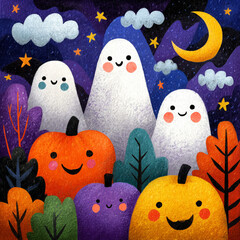 Cartoon-style Halloween night with happy ghosts and smiling pumpkins, for kids book illustration, bright and colorful 